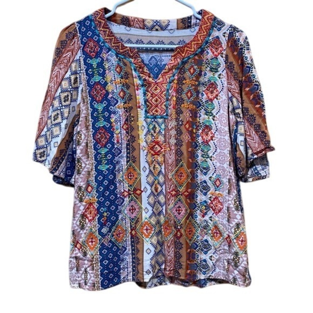 Multicolor Bohemian Print Women's Top Size Small Rayon Embroidered Aztec Print